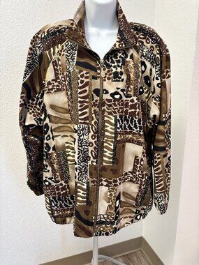 Teddi Animal Print Zip Front Jacket XL Brown Tan Black